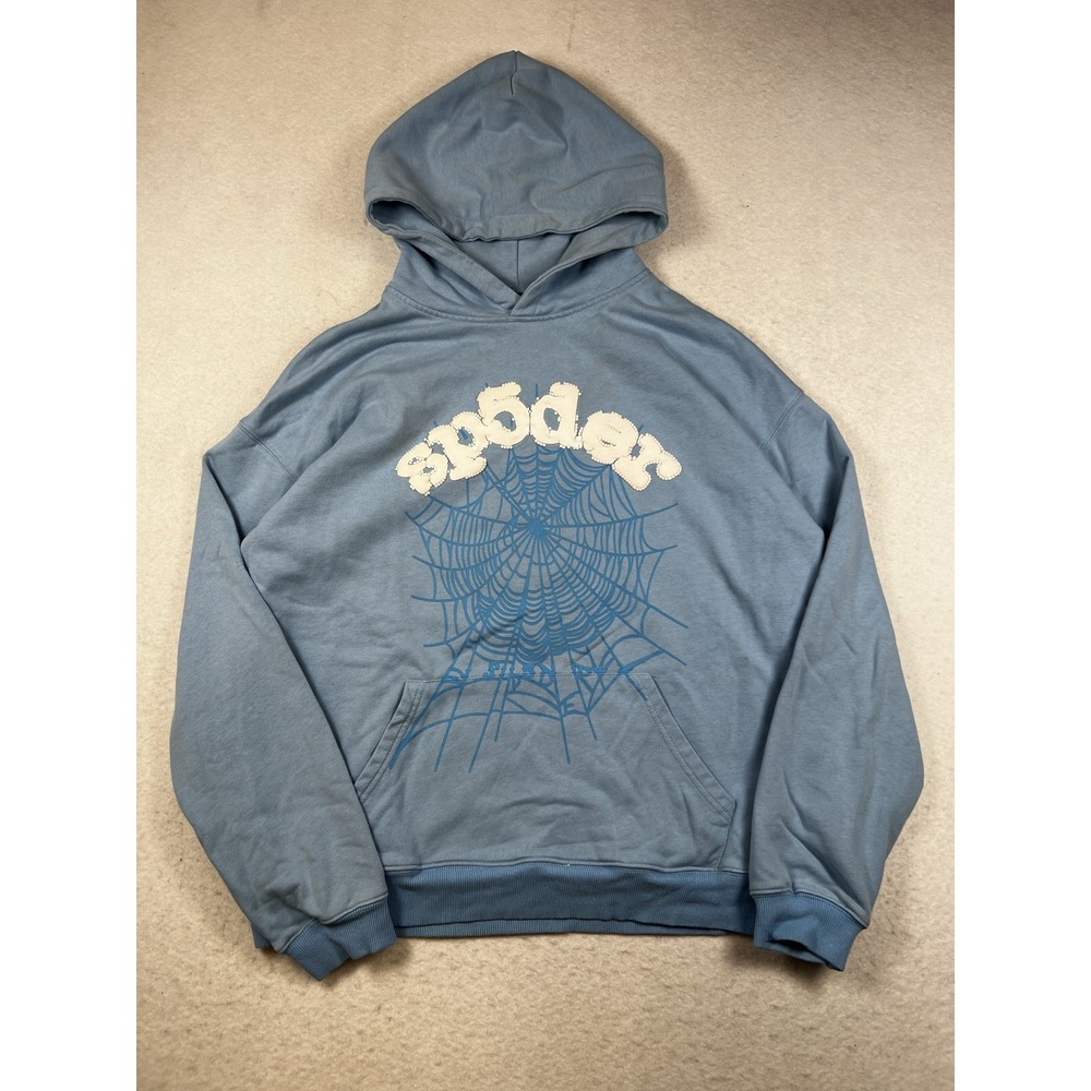Sp5der Web Hoodie Sweatshirt Mens M Sky Blue Pullover Spider Fleece Pullover